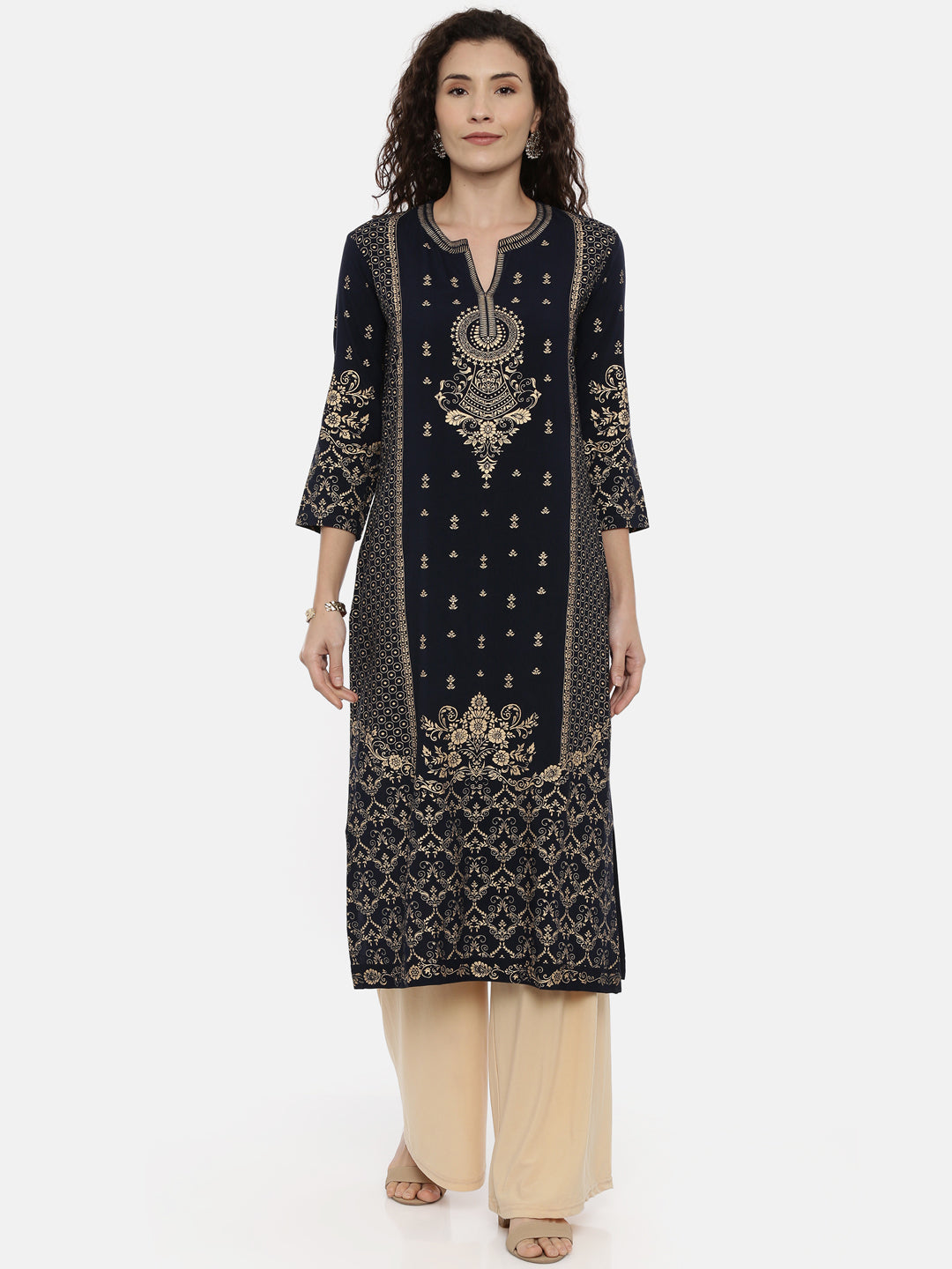 Neerus Women Navy Blue Ethnic Motifs Printed Kurta