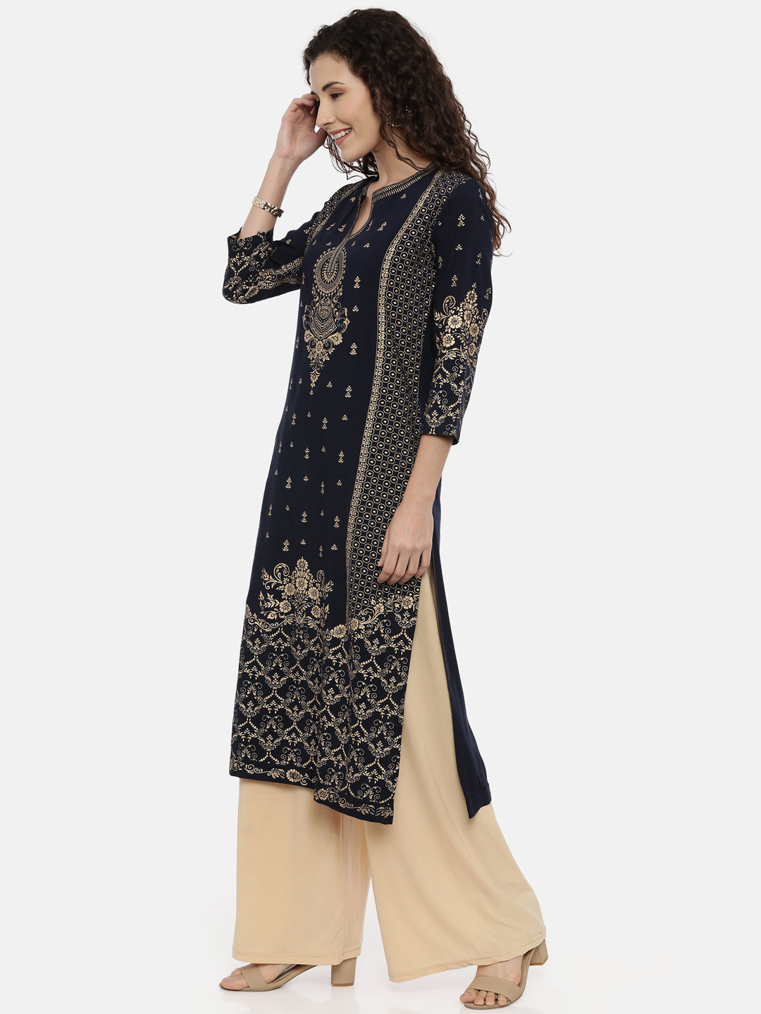 Neerus Women Navy Blue Ethnic Motifs Printed Kurta