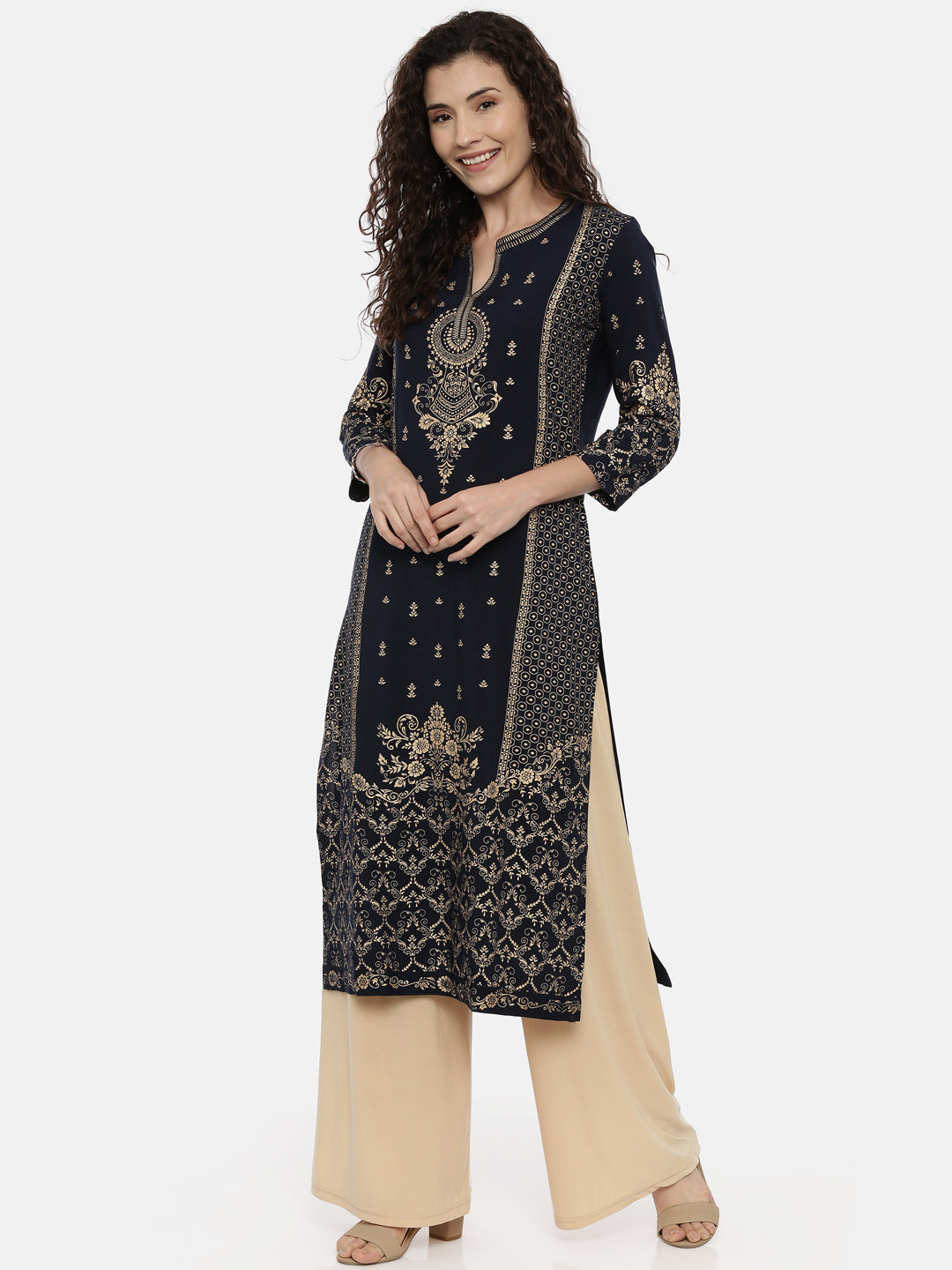 Neerus Women Navy Blue Ethnic Motifs Printed Kurta