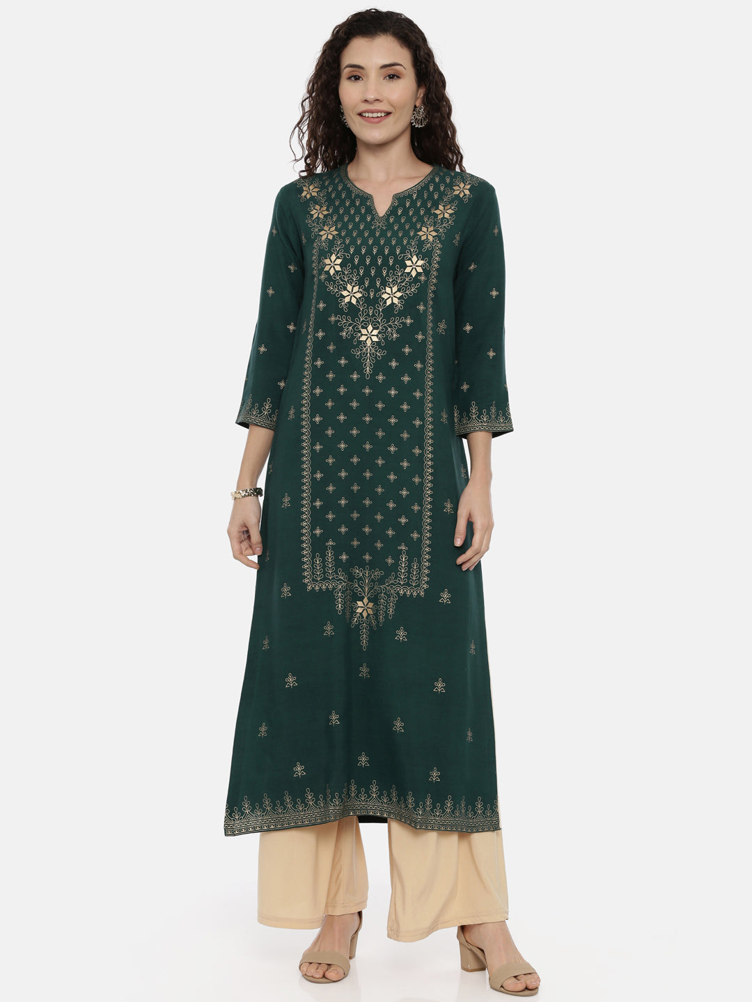 Neerus Women Green Printed Thread Work Kurta