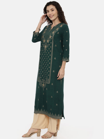 Neerus Women Green Printed Thread Work Kurta