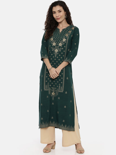 Neerus Women Green Printed Thread Work Kurta