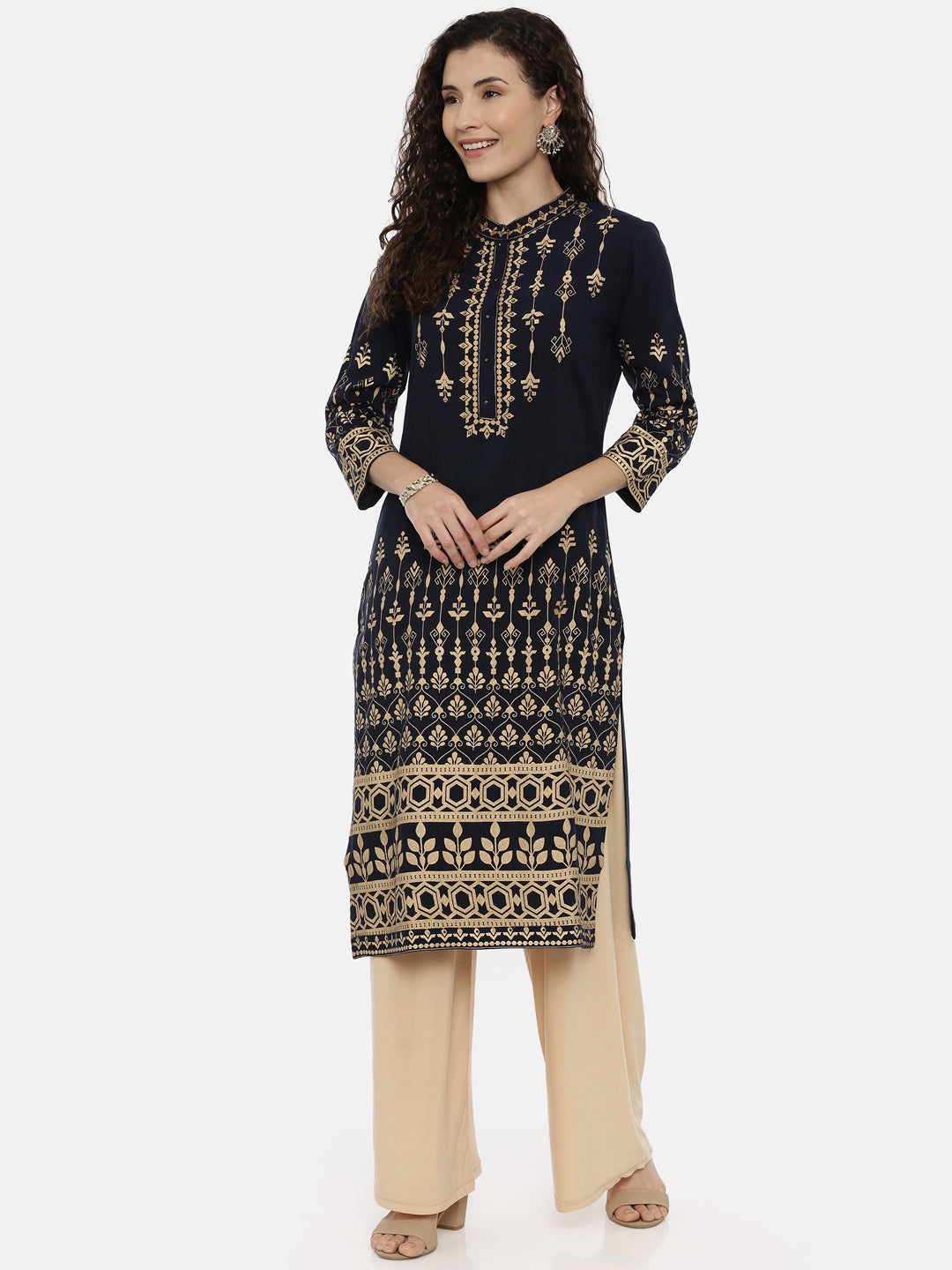 Neerus Women Blue Printed Straight Kurta