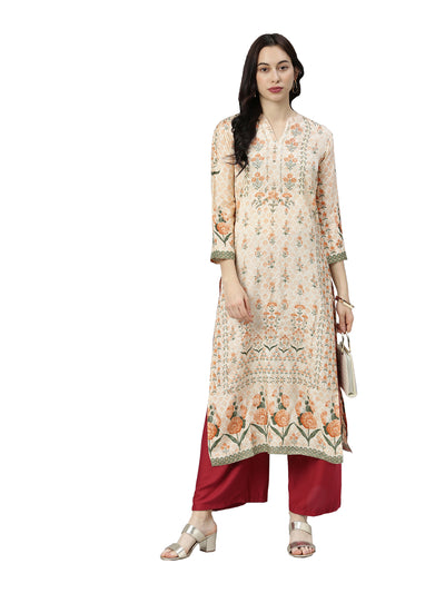 Neerus Women Beige Floral Printed Floral Kurta