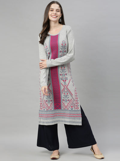 Neerus Women Grey Purple Geometric Printed Acrylic Knitted Kurta