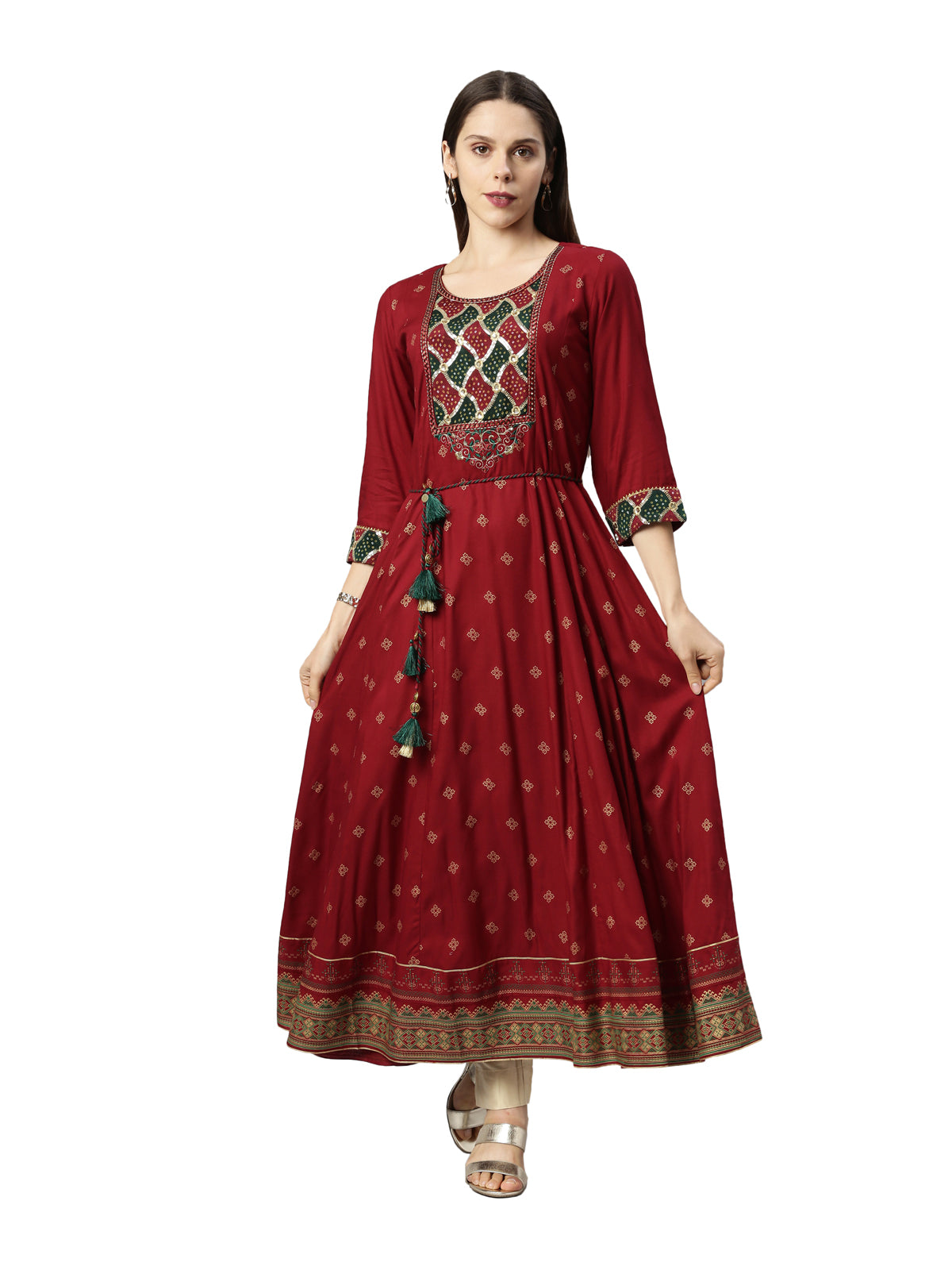 Neerus Women Maroon Ethnic Motifs Embroidered Flared Sleeves Anarkali Kurta