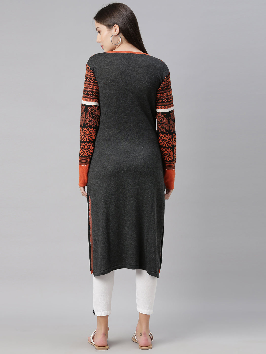 Neerus Women Black  Orange Ethnic Motifs Printed Acrylic Knitted Kurta