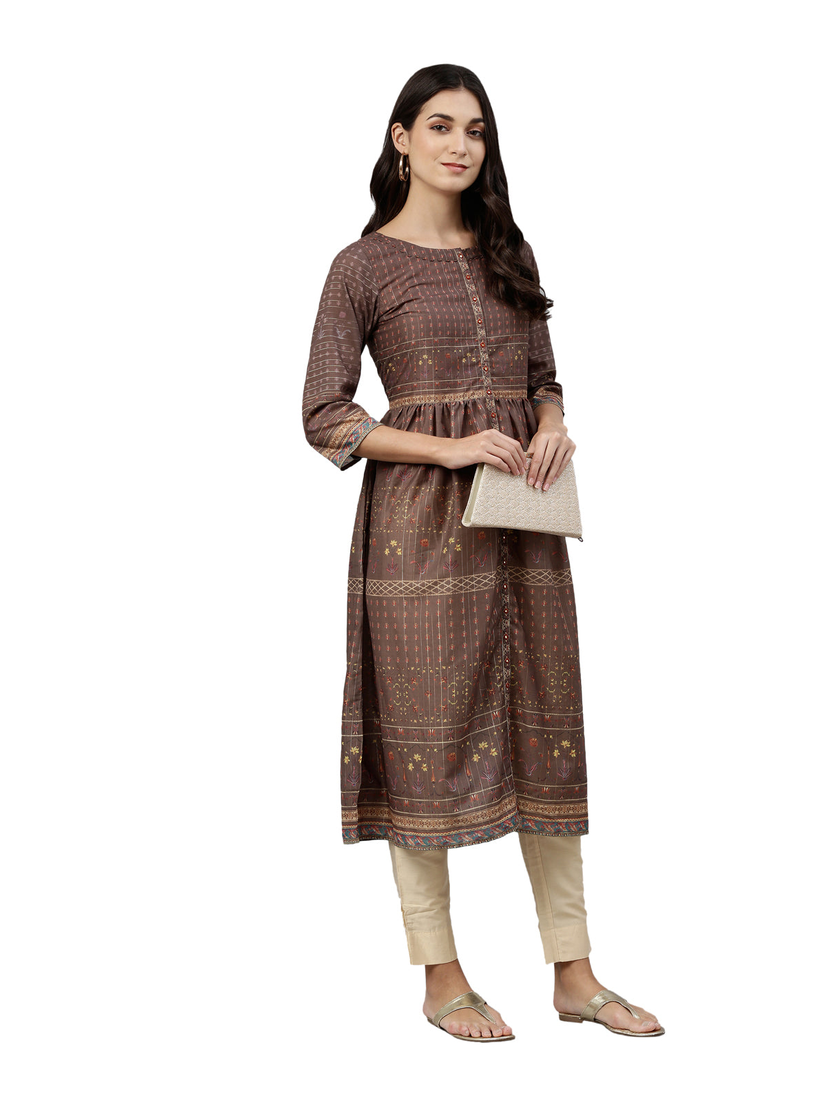 Neerus Women Brown Ethnic Motifs Printed Anarkali Kurta