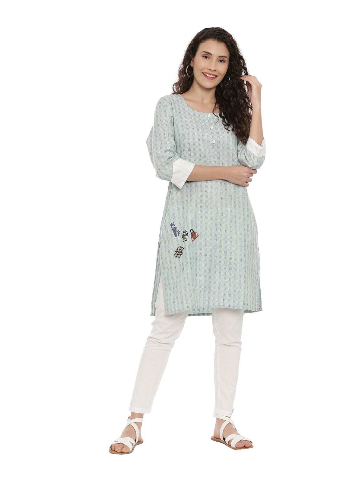 Neerus Women Green Checked Straight Kurta