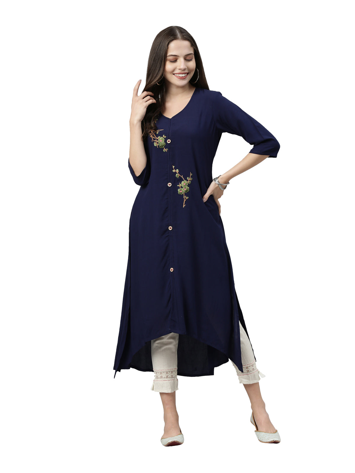 Neerus Women Navy Blue  Green Phulkari Embroidered Floral Front-Slit A-Line Kurta