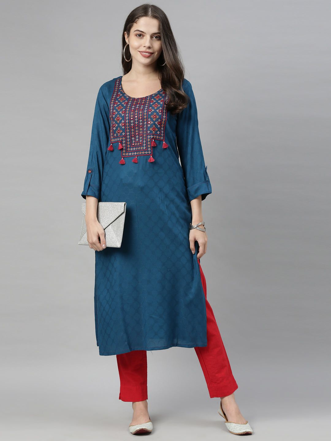 Neerus Women Blue  Red Yoke  Woven Design Thread  Mirror Work Straight Kurta