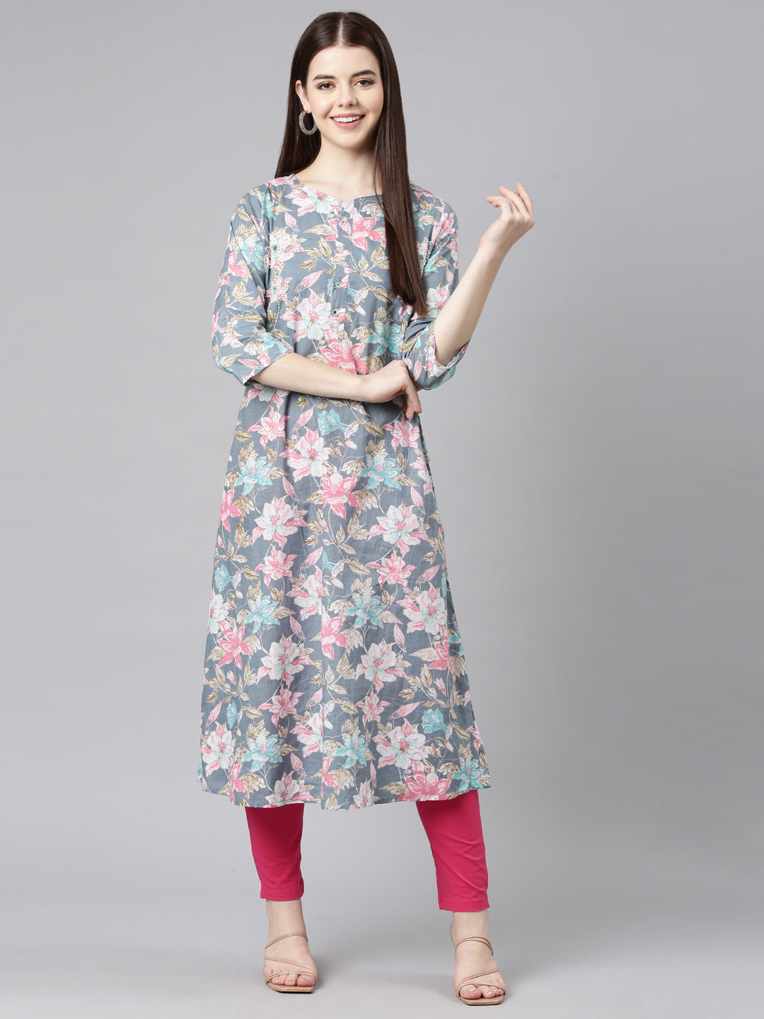 Neerus Grey Straight Casual Floral Straight Kurtas