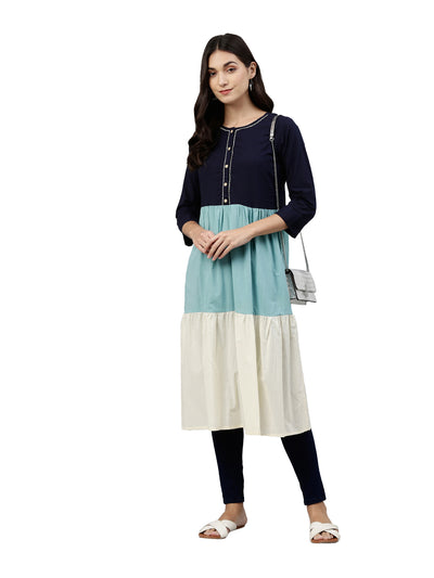 Neerus Women Navy Blue  Off White Tiered Colour blocked Kurta