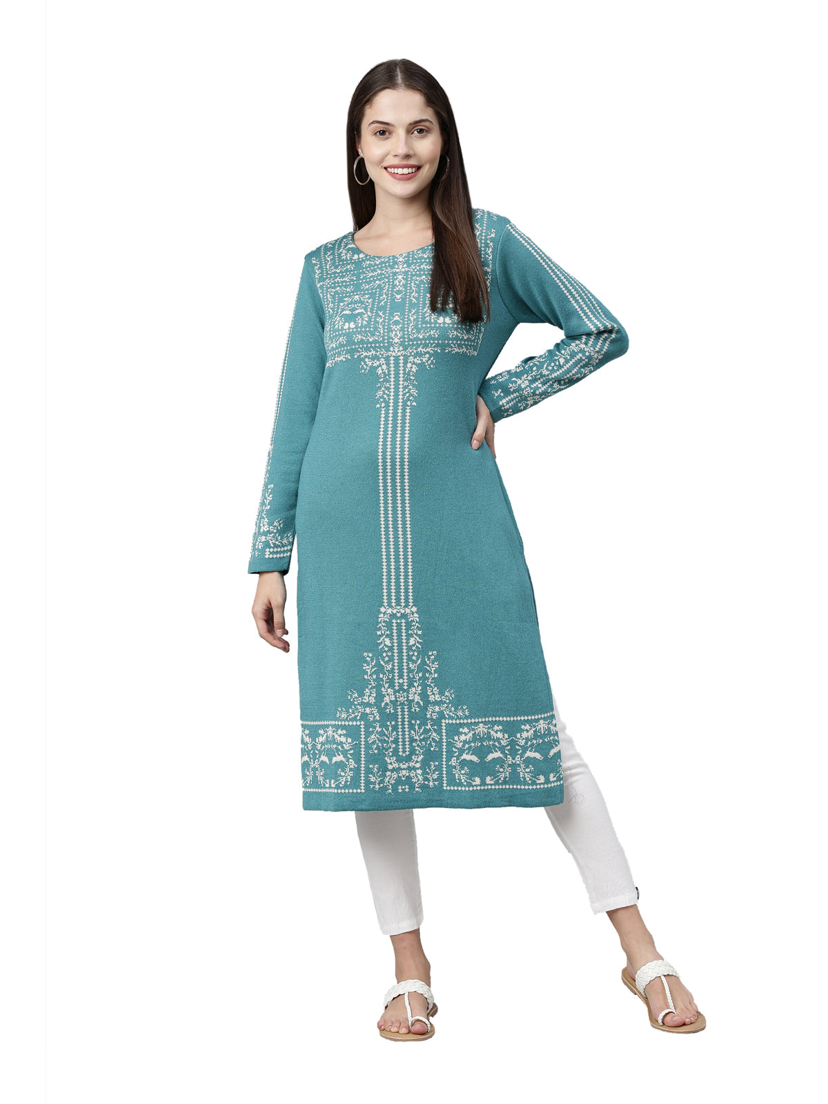 Neerus Women Turquoise Blue Ethnic Motifs Knitted Kurta