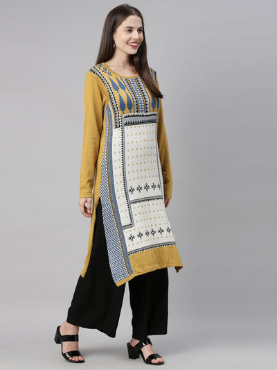 Neerus Women Mustard Yellow  Off White Geometric Printed Acrylic Knitted Kurta