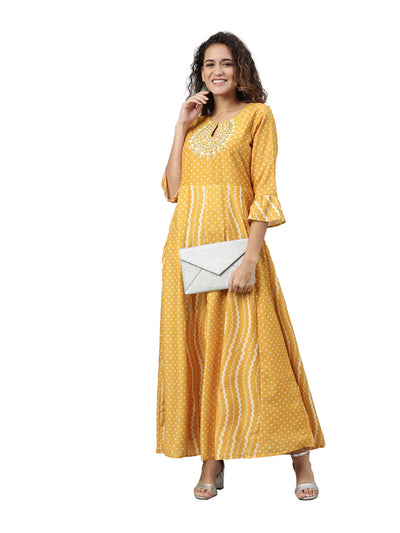 Neerus Women Mustard Striped Anarkali Kurta