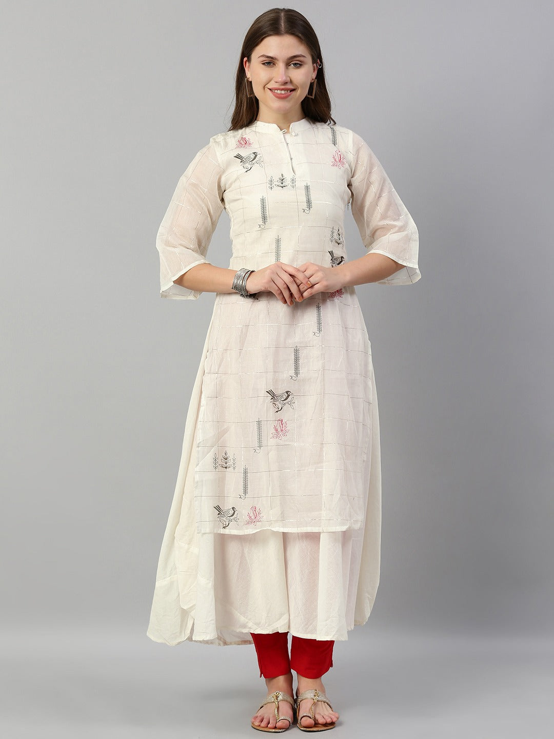 Neerus Women Off-White  Golden Checked with Quirky Detailing Layered A-Line Kurta