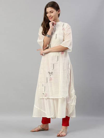 Neerus Women Off-White  Golden Checked with Quirky Detailing Layered A-Line Kurta