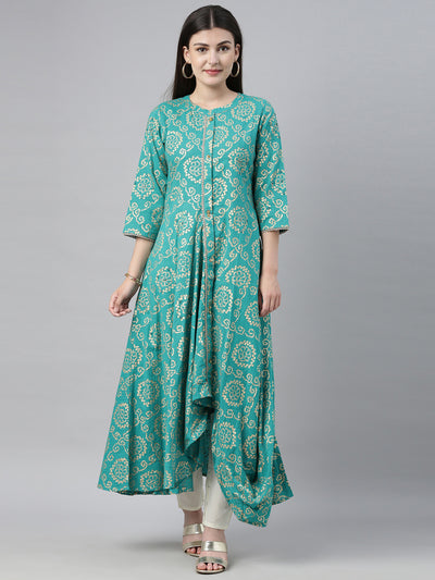 Neerus Women Green Bandhani Printed Kurta