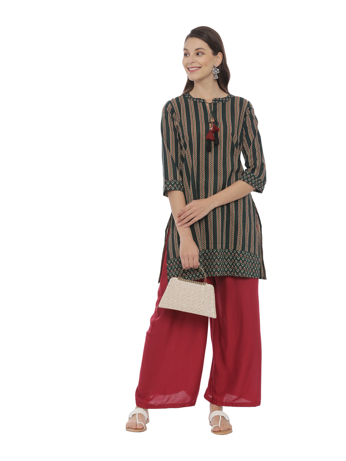 Neerus Women Green Striped Straight Kurta