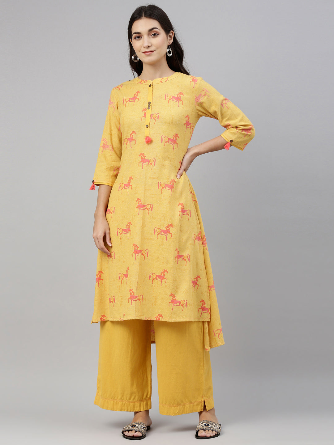 Neerus Women Mustard Yellow Ethnic Motifs Printed Pure Cotton Kurta with Palazzos