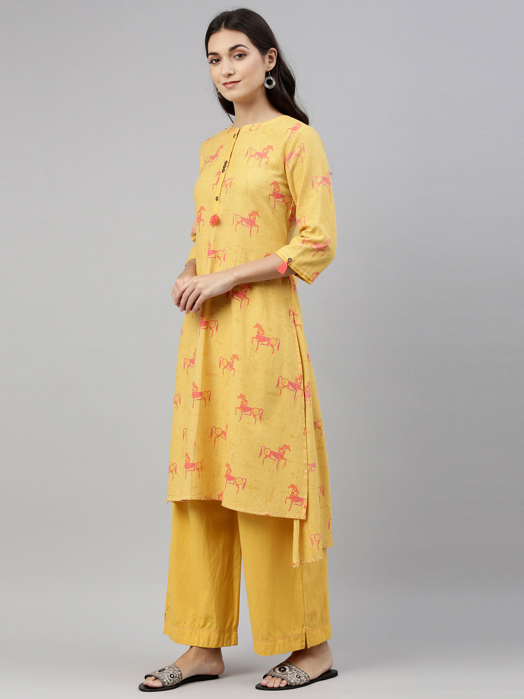 Neerus Women Mustard Yellow Ethnic Motifs Printed Pure Cotton Kurta with Palazzos