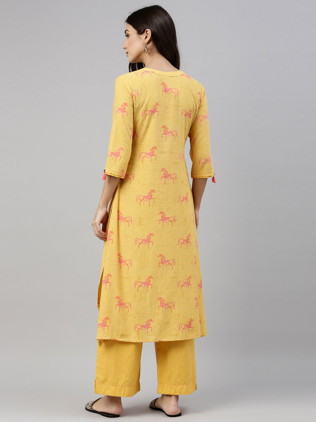 Neerus Women Mustard Yellow Ethnic Motifs Printed Pure Cotton Kurta with Palazzos