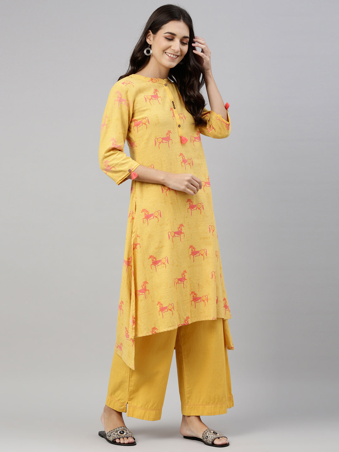 Neerus Women Mustard Yellow Ethnic Motifs Printed Pure Cotton Kurta with Palazzos