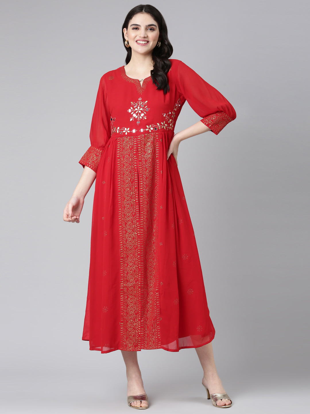 Neeru's Red Straight Casual Embellished Dress