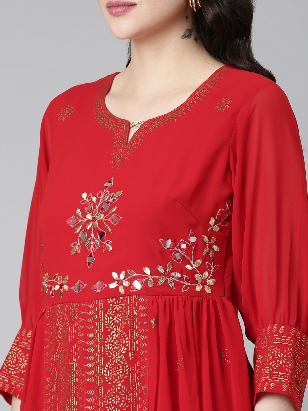 Neeru's Red Straight Casual Embellished Dress