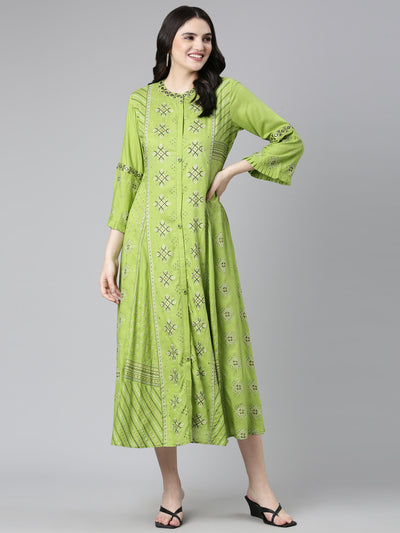 Neeru's Green Straight Casual Printed Dress