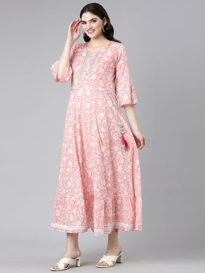 Neeru's Pink Straight Casual Printed Dress