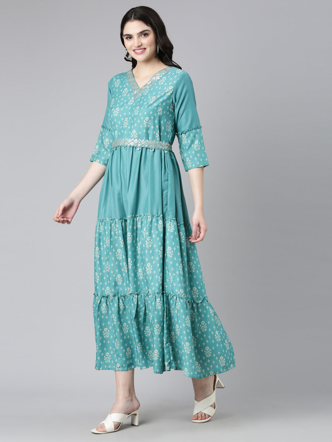 Neeru's Sea Green Straight Casual Printed Dress