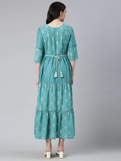 Neeru's Sea Green Straight Casual Printed Dress