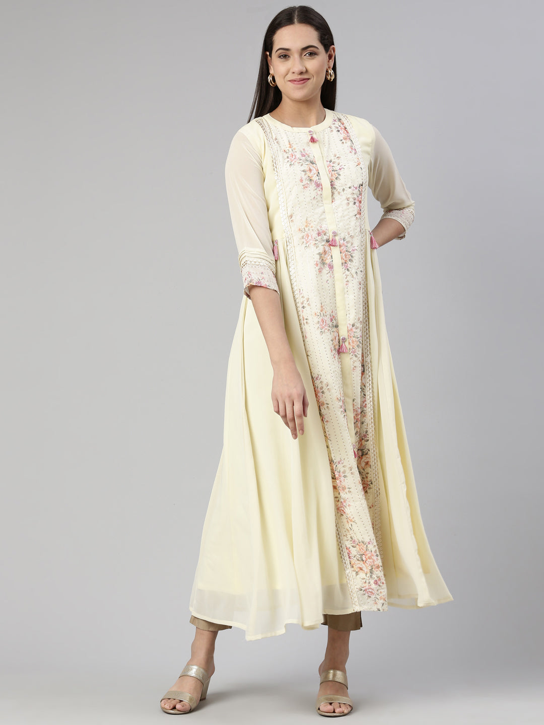 Neeru's Cream-Coloured Floral Georgette Ethnic Maxi Maxi Dress