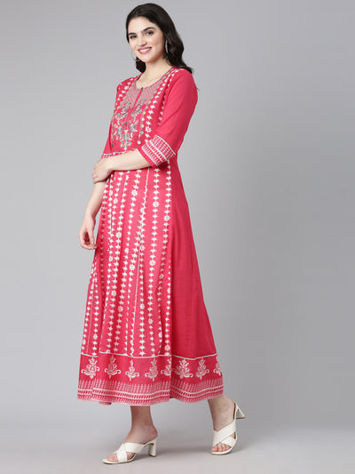 Neeru's Pink Straight Casual Embroidered Dress