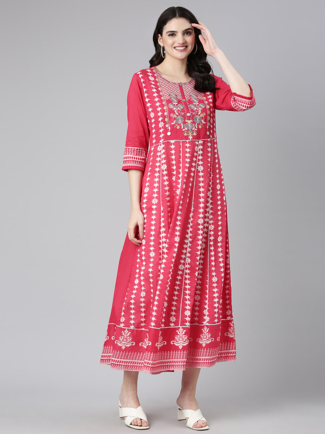 Neeru's Pink Straight Casual Embroidered Dress