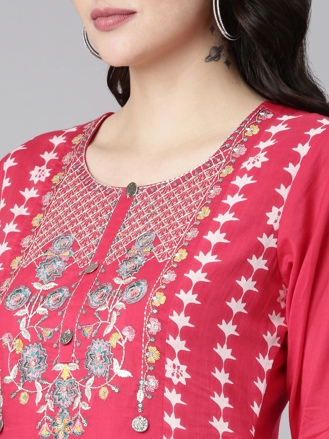 Neeru's Pink Straight Casual Embroidered Dress