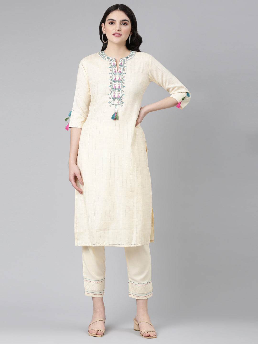 Neeru's Cream Regular Straight Solid Kurta And Trousers