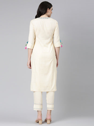 Neeru's Cream Regular Straight Solid Kurta And Trousers