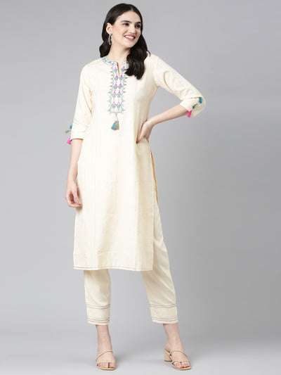 Neeru's Cream Regular Straight Solid Kurta And Trousers