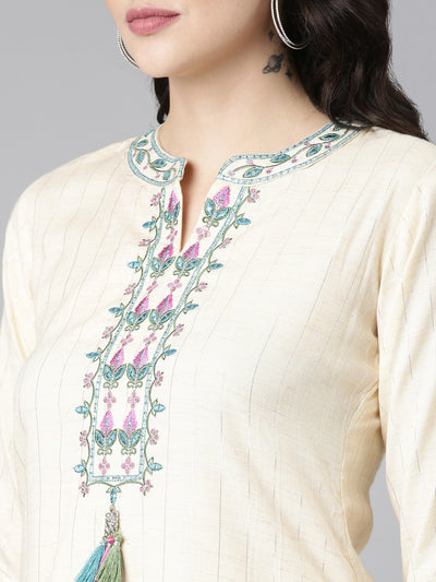 Neeru's Cream Regular Straight Solid Kurta And Trousers