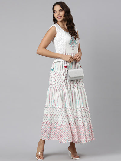 Neeru's Off White Straight Casual Printed Maxi Dresses