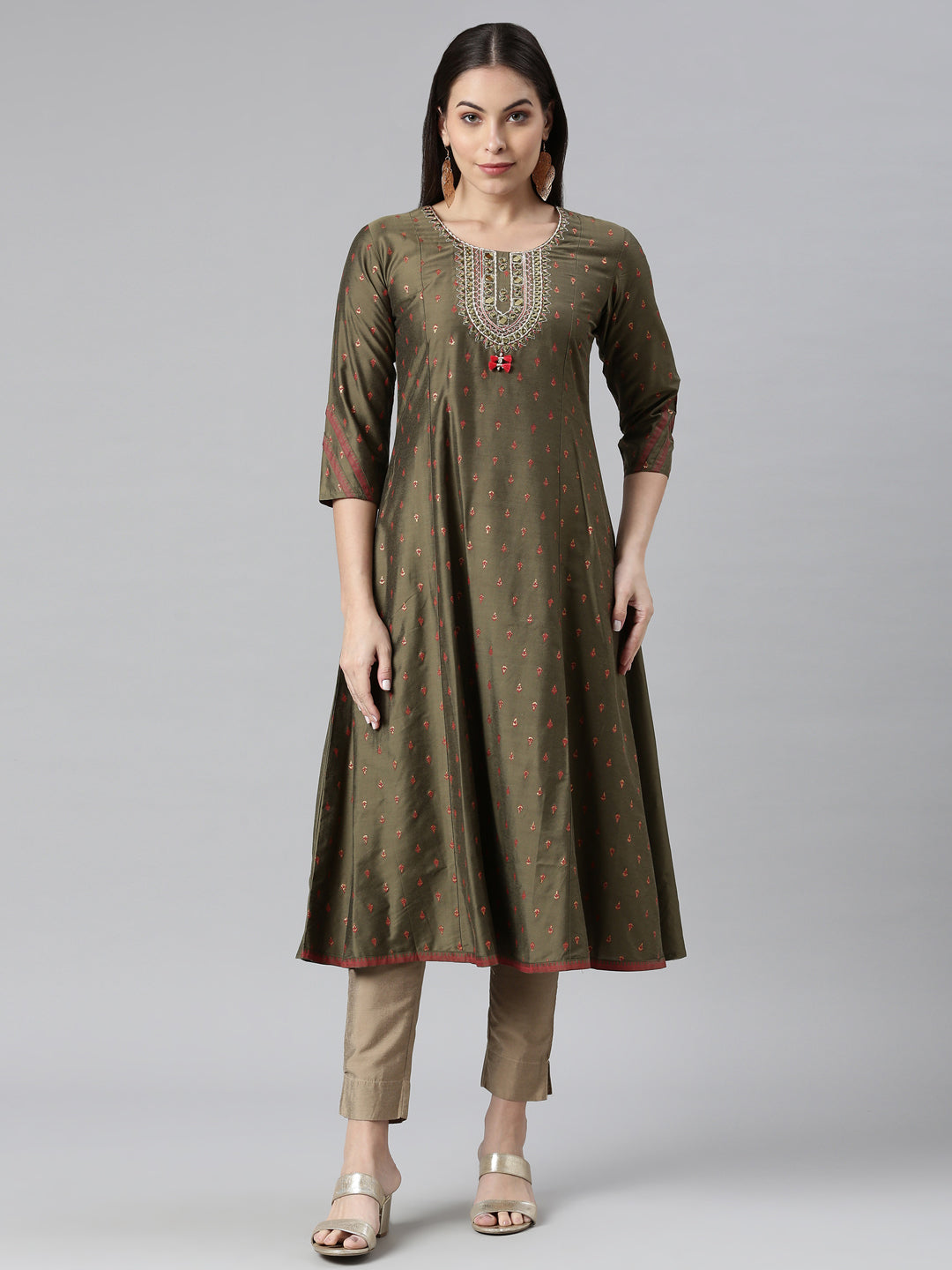 Neeru's Olive Color Silk Fabric Kurta