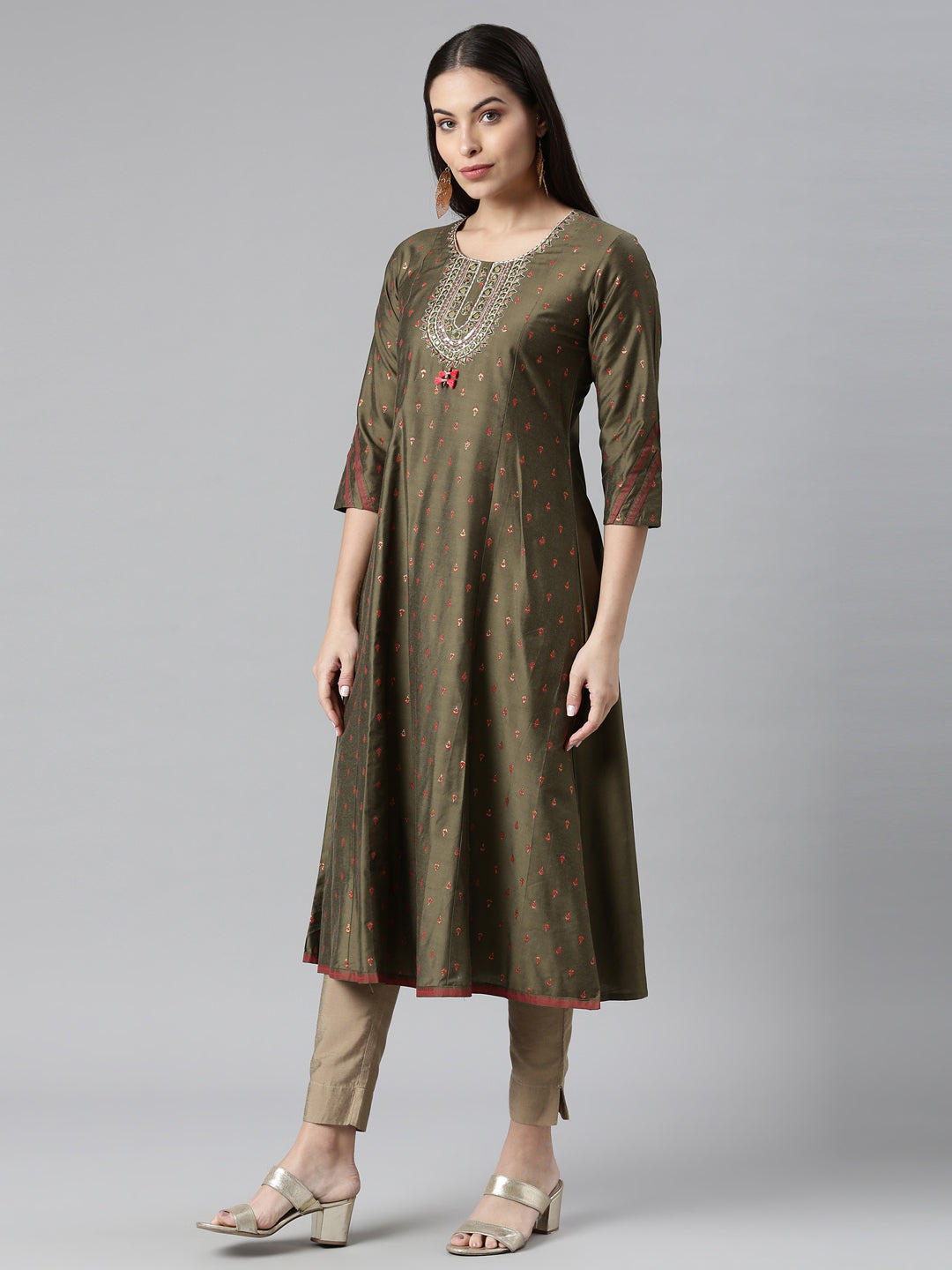 Neeru's Olive Color Silk Fabric Kurta