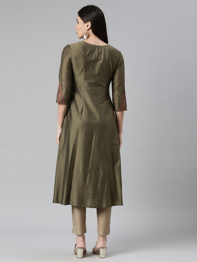 Neeru's Olive Color Silk Fabric Kurta