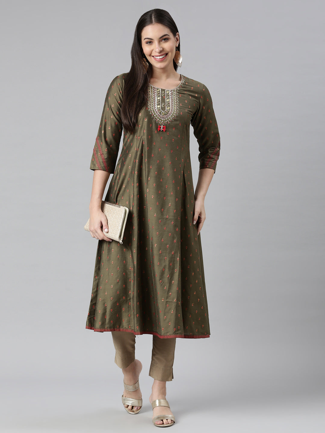 Neeru's Olive Color Silk Fabric Kurta