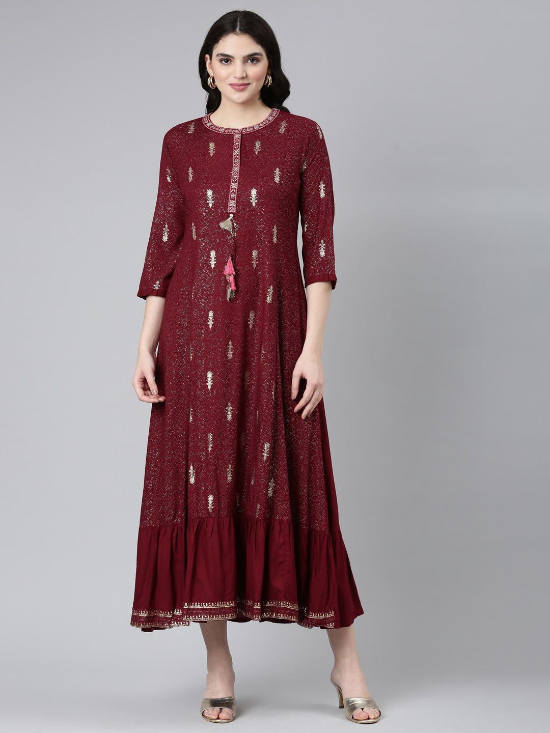 Neeru's Maroon Regular Anarkali Printed Kurta