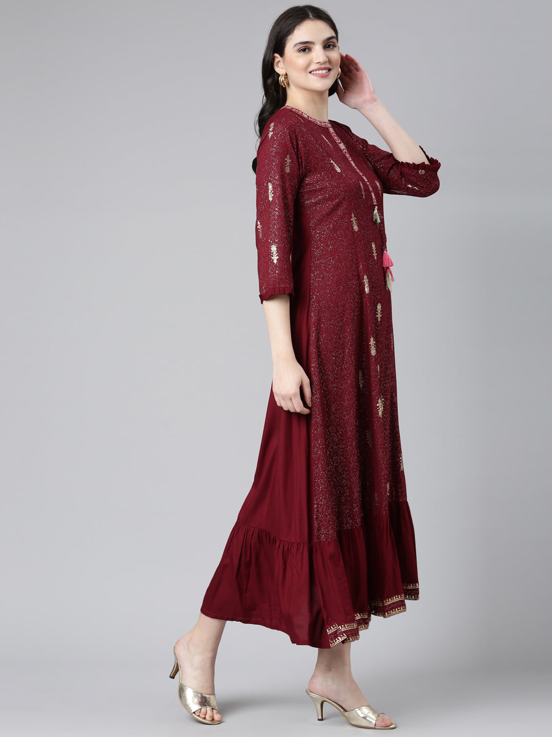 Neeru's Maroon Regular Anarkali Printed Kurta