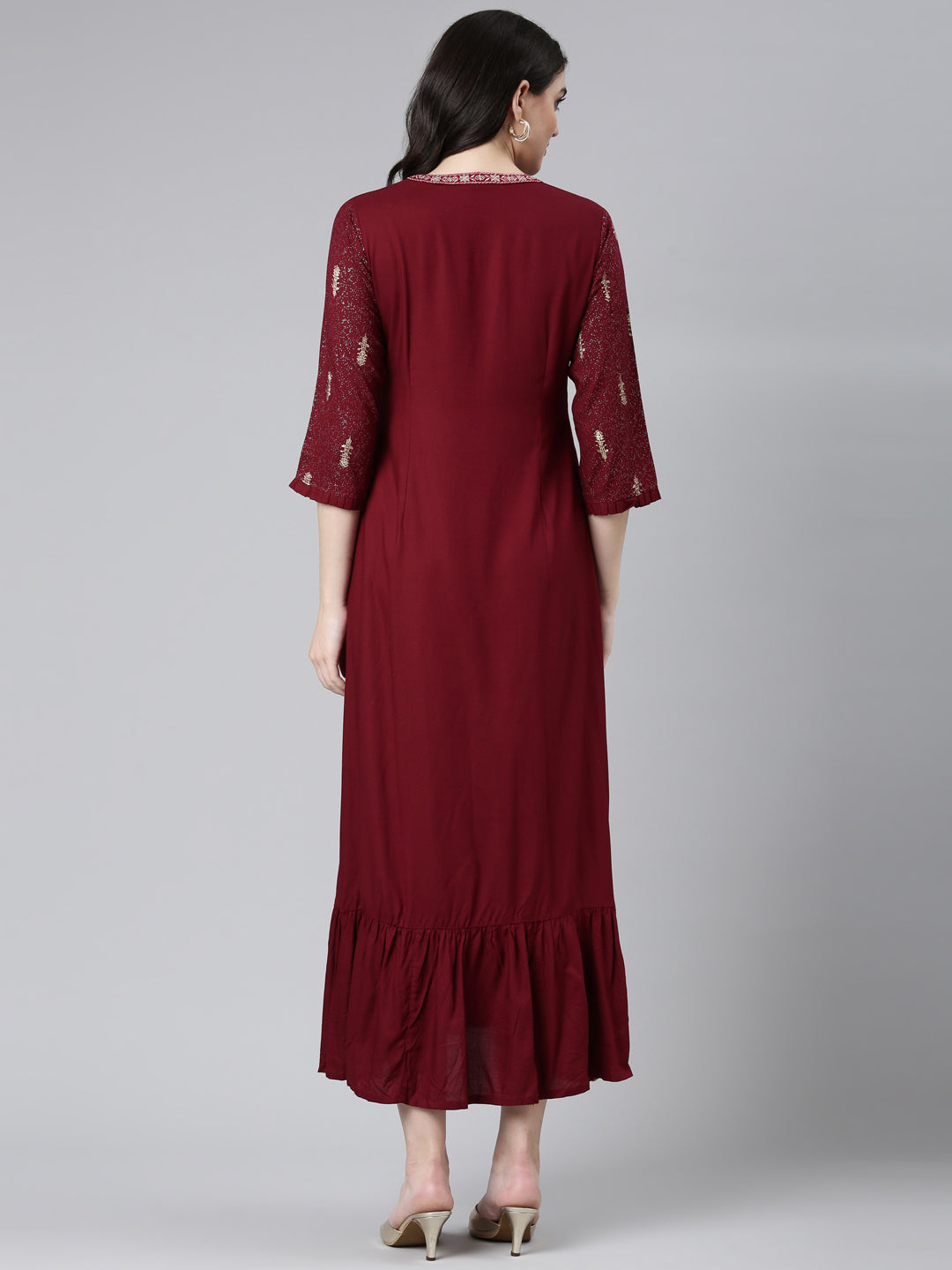 Neeru's Maroon Regular Anarkali Printed Kurta